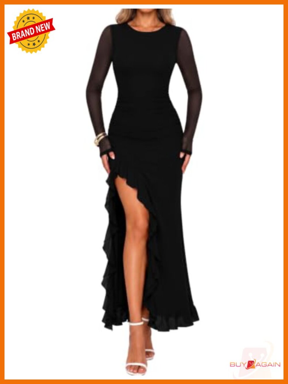 Long Sleeve Maxi Dress High Slit Ruffle Bodycon Wedding Guest Formal